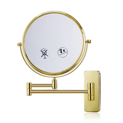 Nicesail Makeup Mirror, Wall Mounted 7X Magnifying Mirror Vanity Mirror for Bathroom, Extendable Swivel, Brass and 304 Stainless Steel Material for Hotel or Home, Gold Finish (8 Inch, 7X) - Image 1