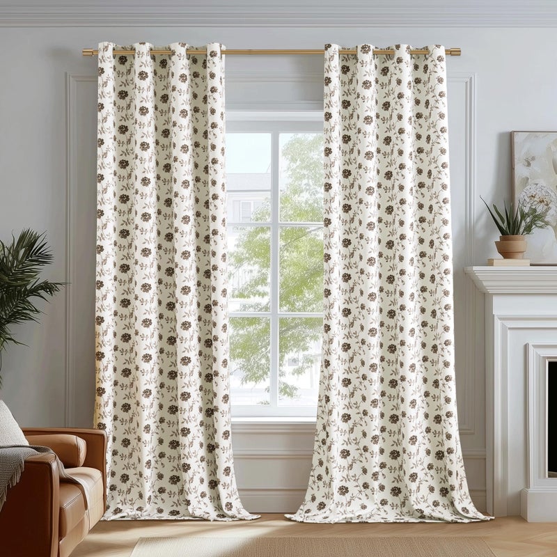 Beauoop Floral 100% Blackout Curtains 84 Inches Long 2 Panels for Bedroom Living Room Brown on Beige Vintage Rose Flower Patterned Room Darkening Thermal Soundproof Grommet Window Drapes, 52X84 - Image 4