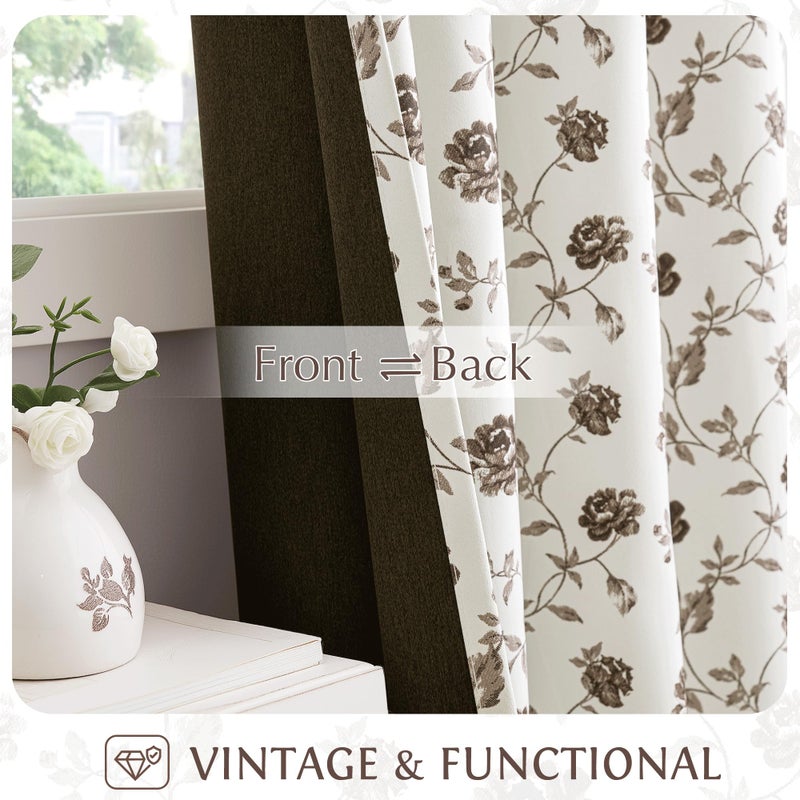 Beauoop Floral 100% Blackout Curtains 84 Inches Long 2 Panels for Bedroom Living Room Brown on Beige Vintage Rose Flower Patterned Room Darkening Thermal Soundproof Grommet Window Drapes, 52X84 - Image 3