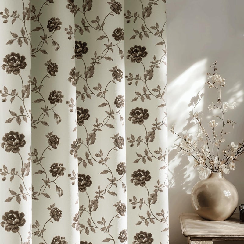 Beauoop Floral 100% Blackout Curtains 84 Inches Long 2 Panels for Bedroom Living Room Brown on Beige Vintage Rose Flower Patterned Room Darkening Thermal Soundproof Grommet Window Drapes, 52X84 - Image 1