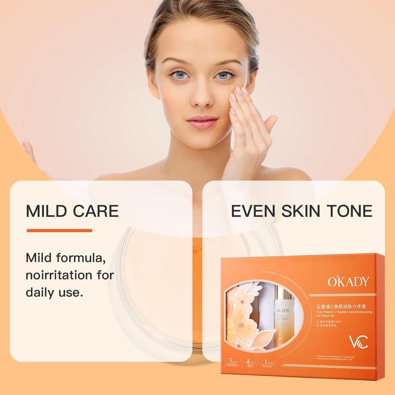 OKADY مجموعة العناية بالبشرة OKADY مجموعة العناية بالوجه بفيتامين C للنساء هدية العناية بالبشرة ليلاً ونهاراً مع منظف تونر سيروم كريم عين كريم مرطب كريم ليلي للنساء والفتيات المراهقات عيد ميلاد 6 قطع - Image 5
