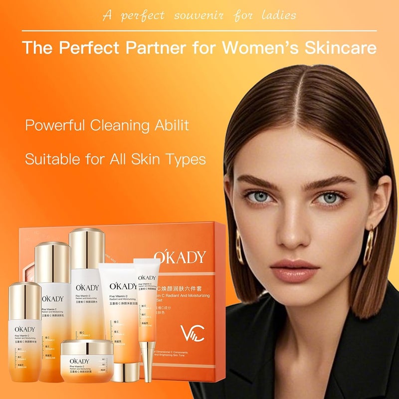 OKADY مجموعة العناية بالبشرة OKADY مجموعة العناية بالوجه بفيتامين C للنساء هدية العناية بالبشرة ليلاً ونهاراً مع منظف تونر سيروم كريم عين كريم مرطب كريم ليلي للنساء والفتيات المراهقات عيد ميلاد 6 قطع - Image 4