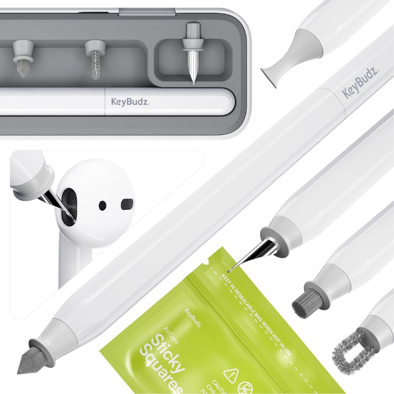 KeyBudz Air Care 20 AirPods Cleaning Kit Patented MultiTool Cleaner with Interchangeable Brush Tips for AirPods iPhone and Apple Devices with Sticky Squares Putty Hard Case and Travel Pouch - Image 2