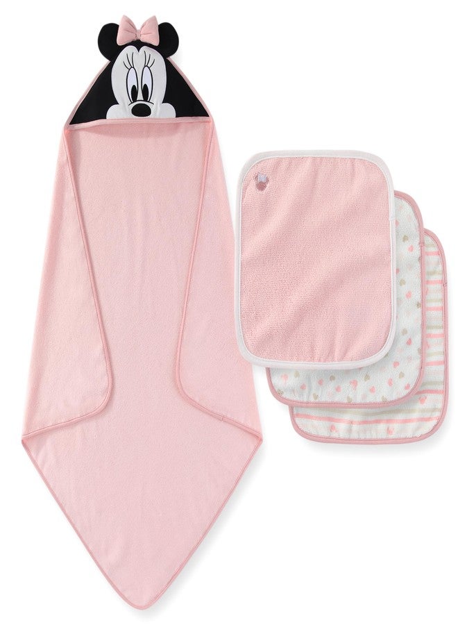 Disney Baby Girls Minnie Mouse Hooded Baby-Bath Towel with 3 Washcloths Set for Newborn and Infants - Image 1