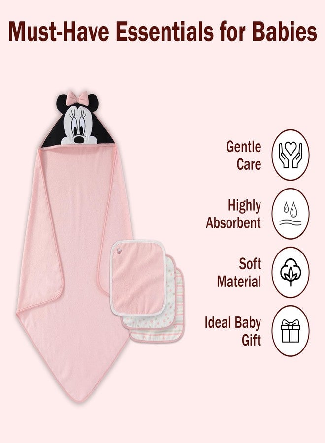Disney Baby Girls Minnie Mouse Hooded Baby-Bath Towel with 3 Washcloths Set for Newborn and Infants - Image 2