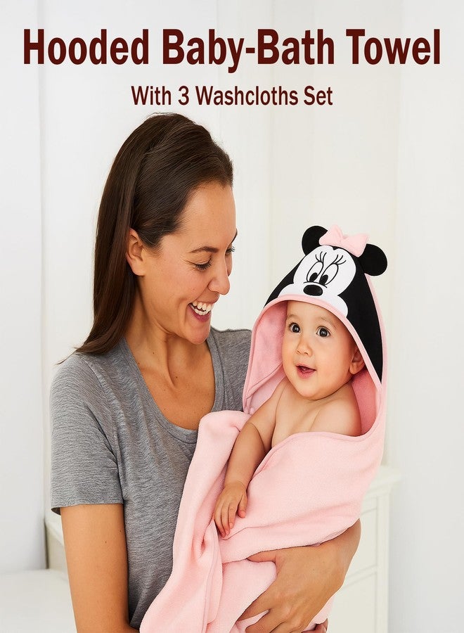 Disney Baby Girls Minnie Mouse Hooded Baby-Bath Towel with 3 Washcloths Set for Newborn and Infants - Image 4
