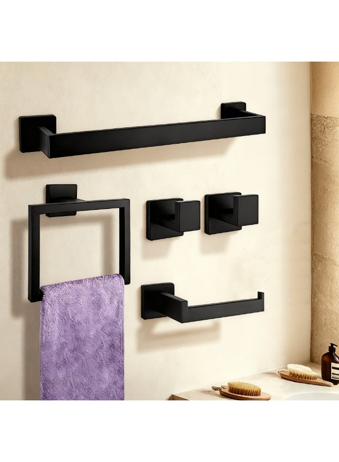 YQbest Bathroom Hardware Set of 5, Matte Black Toilet Paper Towel Holder, Stainless Steel Bathroom Accessories, Two Bath Towel Bar Hook Racks & Square Ring for Shower Room, Wall Mounted - Image 1