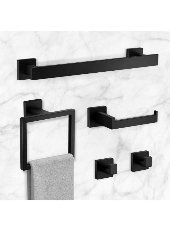 YQbest Bathroom Hardware Set of 5, Matte Black Toilet Paper Towel Holder, Stainless Steel Bathroom Accessories, Two Bath Towel Bar Hook Racks & Square Ring for Shower Room, Wall Mounted - Image 2
