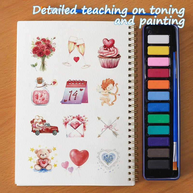 DPWCVM Beginner Watercolor Painting Kit Watercolor Workbook Coloring Book 12 Colors Paint Set with Brush, DIY Valentine's Day Cards Easily Master Beginner Friendly Watercolor Paint Set Valentine's Day Gifts for Adults Teens. (Valentine's Day) - Image 3