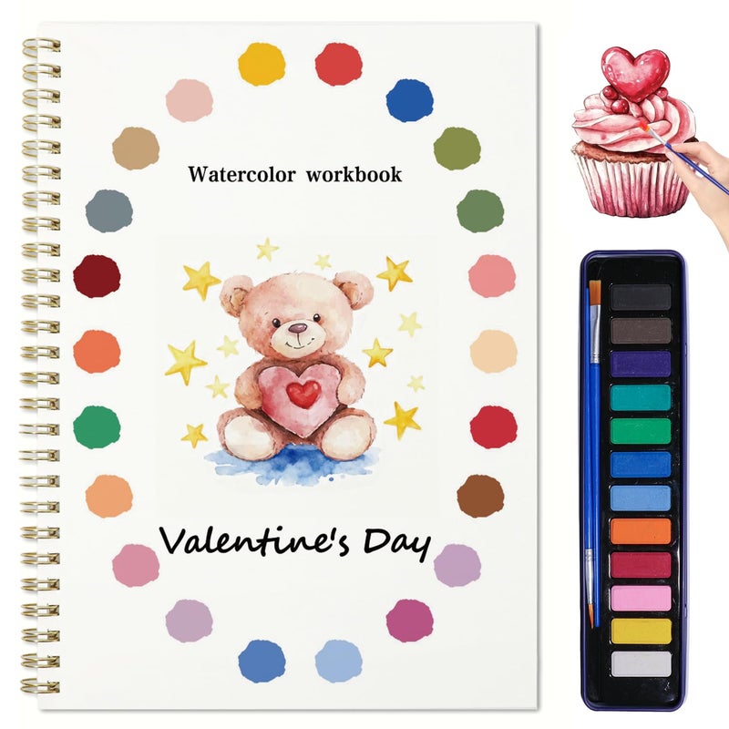 DPWCVM Beginner Watercolor Painting Kit Watercolor Workbook Coloring Book 12 Colors Paint Set with Brush, DIY Valentine's Day Cards Easily Master Beginner Friendly Watercolor Paint Set Valentine's Day Gifts for Adults Teens. (Valentine's Day) - Image 1