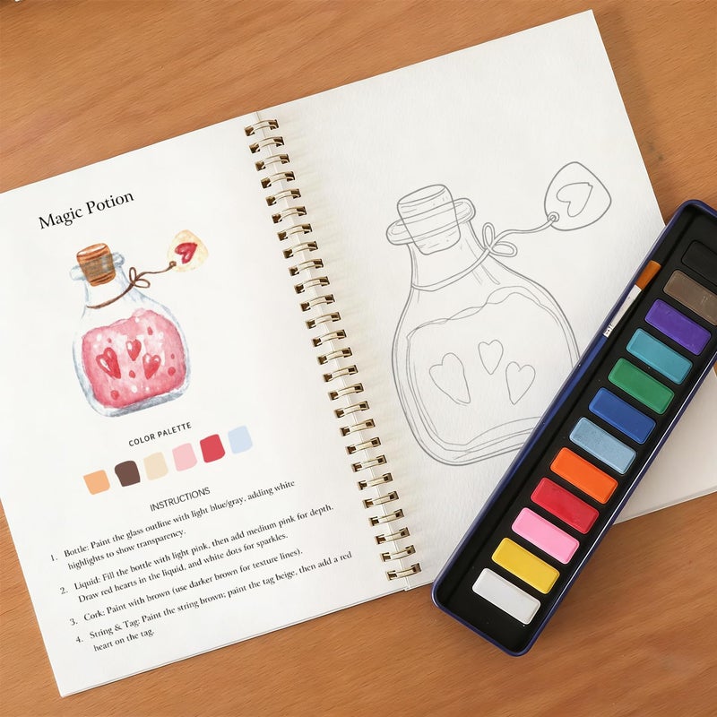 DPWCVM Beginner Watercolor Painting Kit Watercolor Workbook Coloring Book 12 Colors Paint Set with Brush, DIY Valentine's Day Cards Easily Master Beginner Friendly Watercolor Paint Set Valentine's Day Gifts for Adults Teens. (Valentine's Day) - Image 4