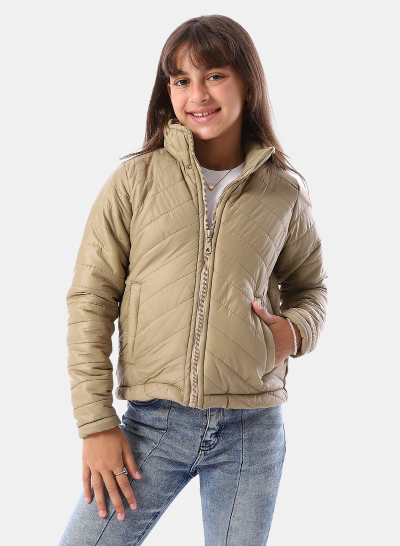 Andora Zip Through Neck Zipped Girls' Puffer Jacket - Sand Beige - Image 1