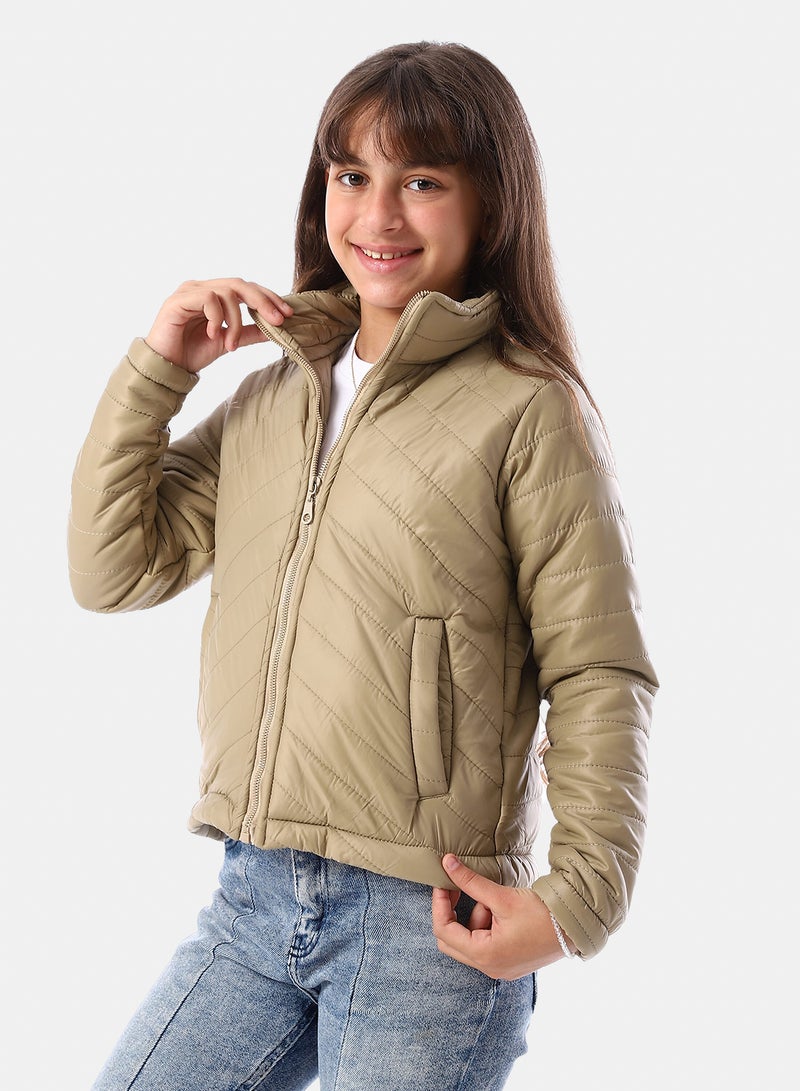 Andora Zip Through Neck Zipped Girls' Puffer Jacket - Sand Beige - Image 2