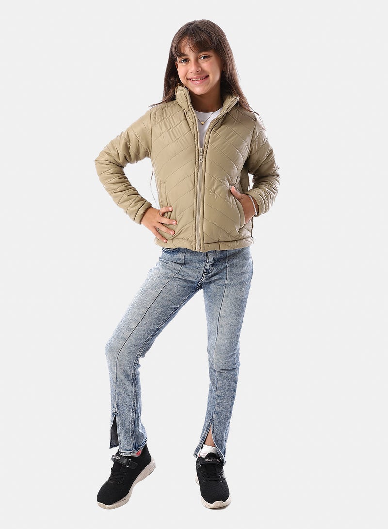 Andora Zip Through Neck Zipped Girls' Puffer Jacket - Sand Beige - Image 5