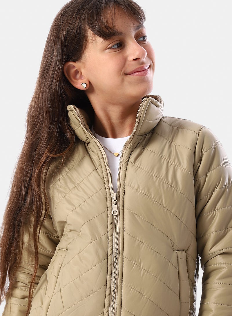 Andora Zip Through Neck Zipped Girls' Puffer Jacket - Sand Beige - Image 4