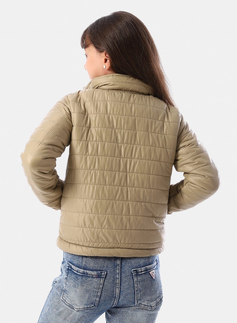 Andora Zip Through Neck Zipped Girls' Puffer Jacket - Sand Beige - Image 3