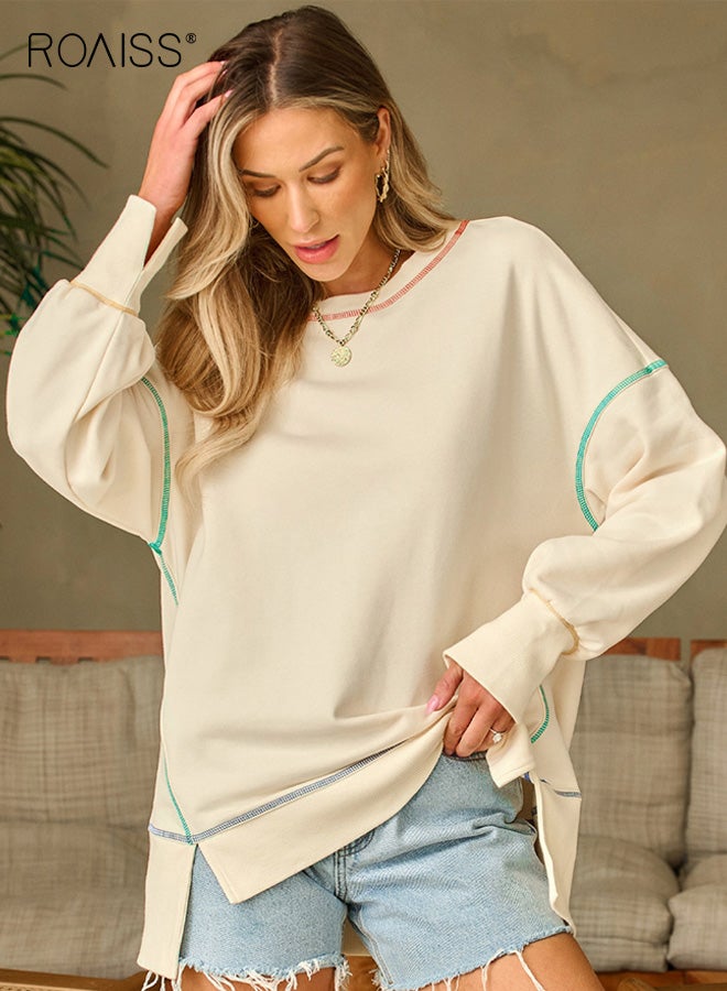 roaiss Plus Size Solid Color Top Sweatshirt Casual Crewneck Long Sleeve Pullover for Women, Comfortable Everyday Wear with Stylish Stitching Details, Perfect for Spring Fall - Image 4