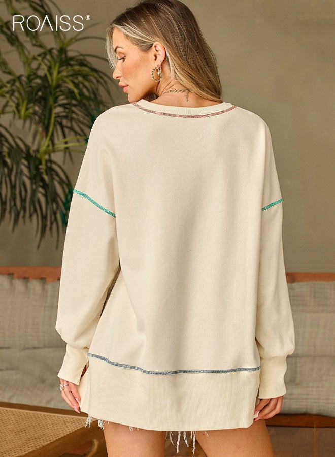 roaiss Plus Size Solid Color Top Sweatshirt Casual Crewneck Long Sleeve Pullover for Women, Comfortable Everyday Wear with Stylish Stitching Details, Perfect for Spring Fall - Image 3