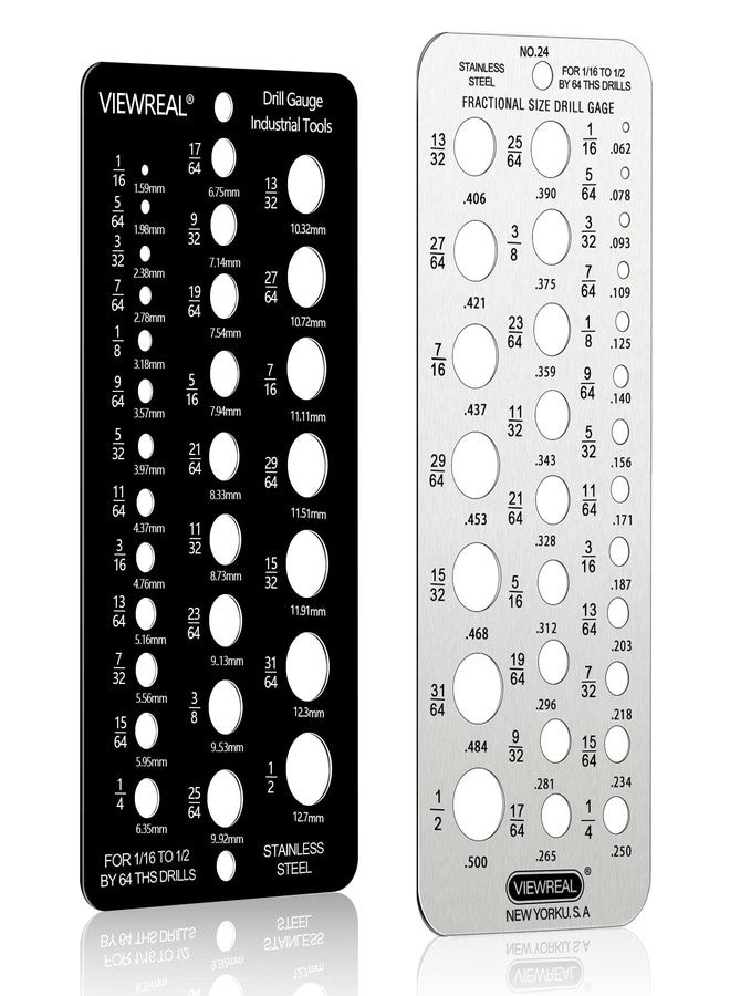 ViewReal Stainless Steel Drill Gauge - 29-Holes Standard Metric Size, 1/16 Inch to 1/2 Inch Drill Bit Index, 1pc Black + 1pc Silver - Image 1