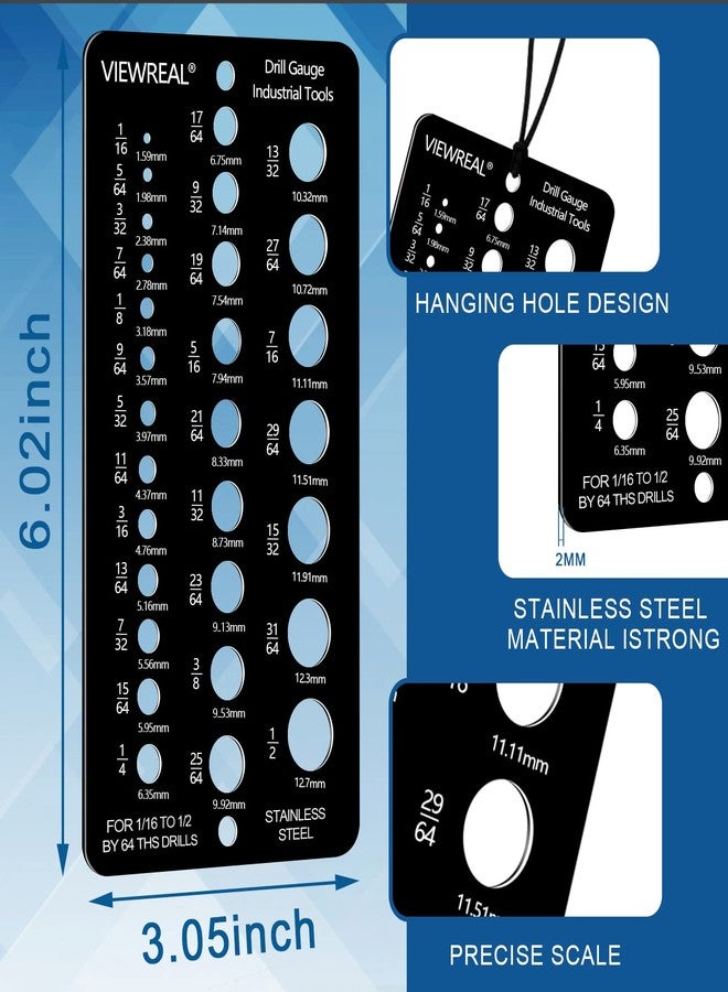 ViewReal Stainless Steel Drill Gauge - 29-Holes Standard Metric Size, 1/16 Inch to 1/2 Inch Drill Bit Index, 1pc Black + 1pc Silver - Image 3