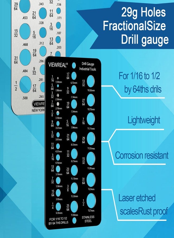 ViewReal Stainless Steel Drill Gauge - 29-Holes Standard Metric Size, 1/16 Inch to 1/2 Inch Drill Bit Index, 1pc Black + 1pc Silver - Image 2