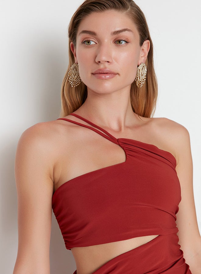 trendyol Cinnamon Collar Detailed Knitted Long Evening Dress TPRSS22AE00003  - Image 3