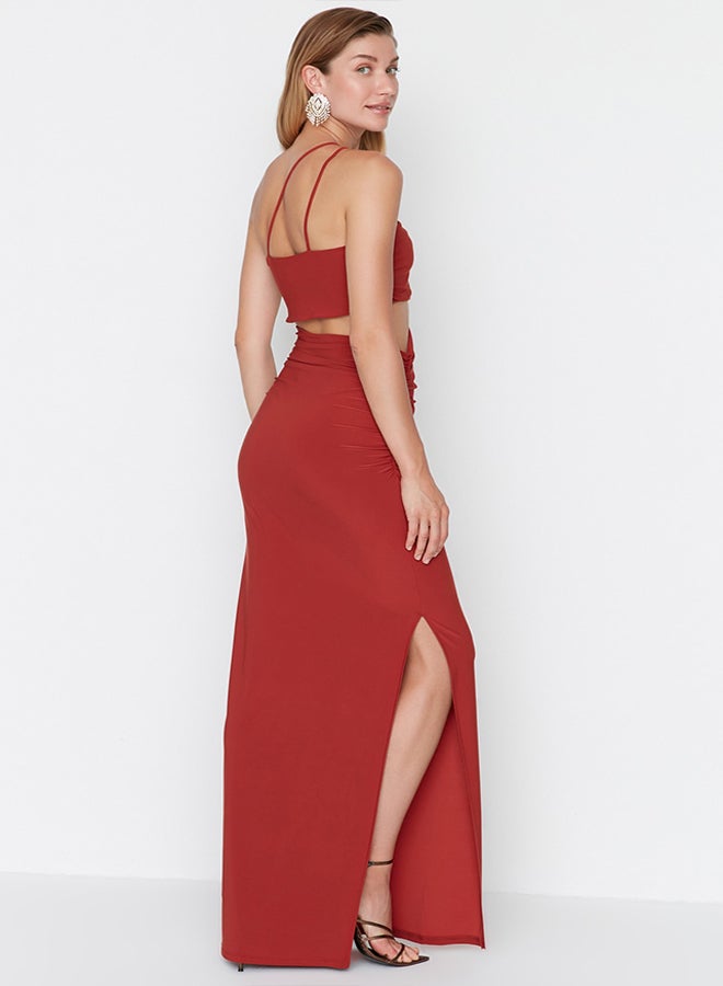 trendyol Cinnamon Collar Detailed Knitted Long Evening Dress TPRSS22AE00003  - Image 5