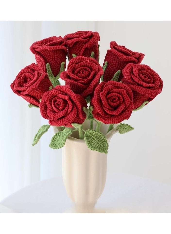 JewelOnPalette 6 Handcrafted Crochet Rose Stems with Green Leaves, Made with Organic Cotton Yarn, 40cm in Length  - Image 1