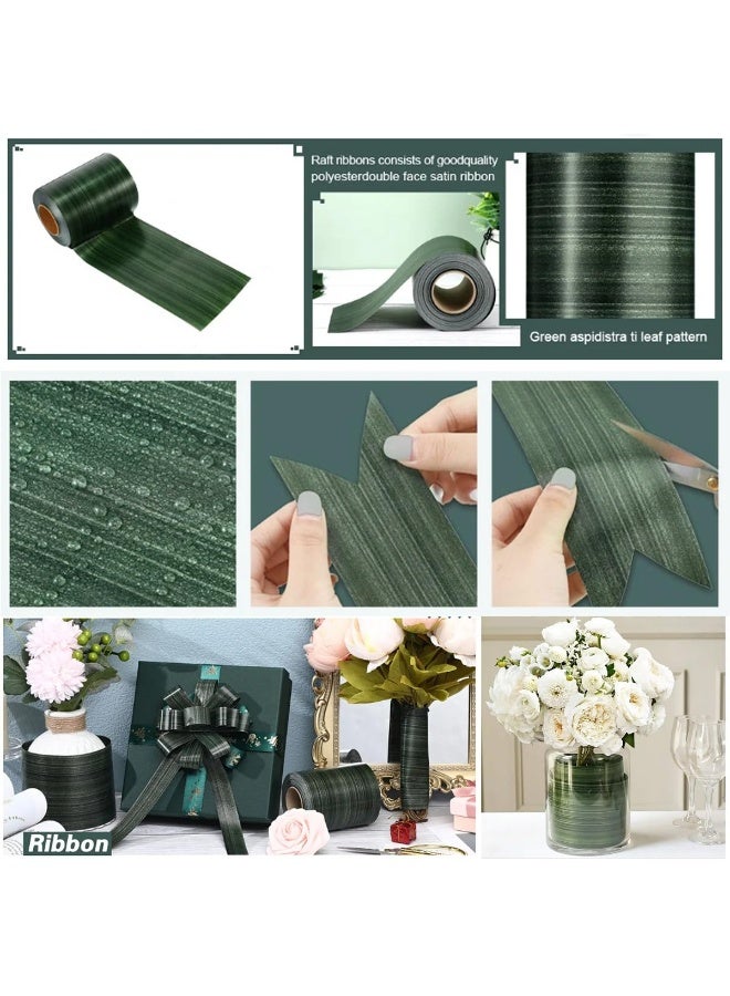 uoobox 1 Roll Aspidistra Ti Leaf Pattern Poly Satin Waterproof Ribbon 4 Inch Floral Craft Decoration (Green, 50 Yards Long) - Image 3
