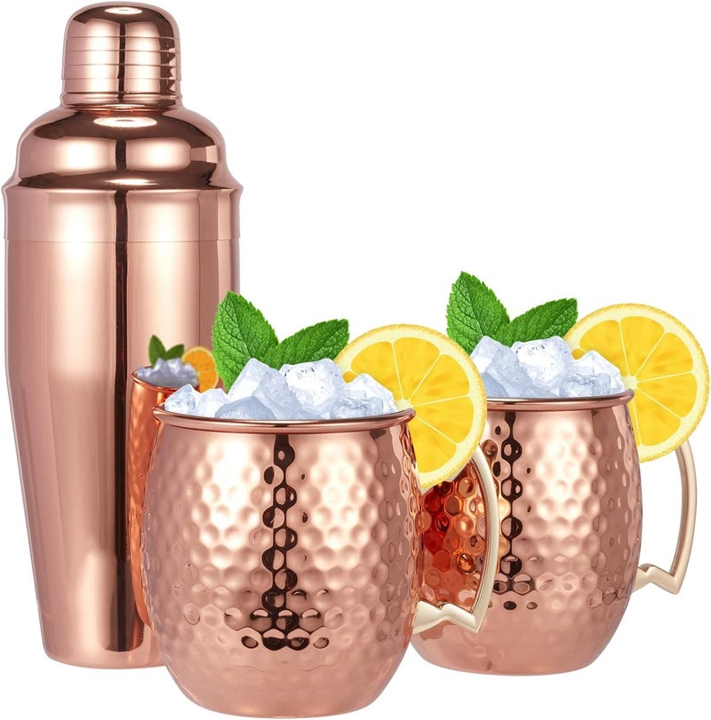 TABLEWARE MELODY طقم أكواب موسكو ميل مجموعة من 3 - أكواب موسكو ميل مطروقة مع شاكر كوكتيل سعة 24 أونصة - طقم هدايا رائع لتناول الطعام والترفيه في البار (طقم أكواب من 3 - شاكر كوكتيل متضمن) - Image 1