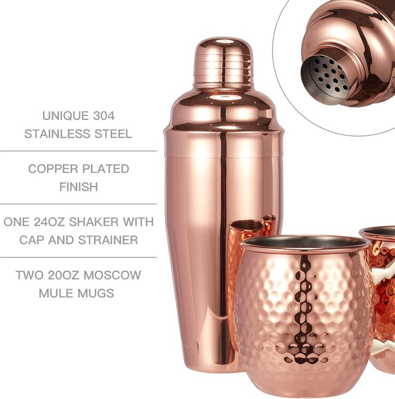 TABLEWARE MELODY طقم أكواب موسكو ميل مجموعة من 3 - أكواب موسكو ميل مطروقة مع شاكر كوكتيل سعة 24 أونصة - طقم هدايا رائع لتناول الطعام والترفيه في البار (طقم أكواب من 3 - شاكر كوكتيل متضمن) - Image 2