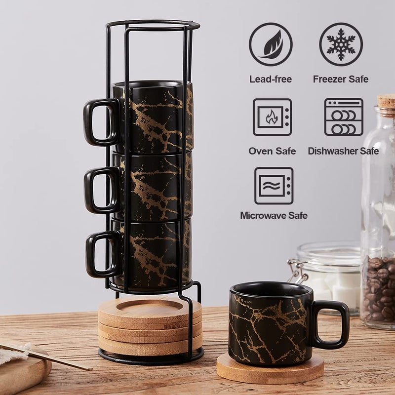 Luka Porcelain Espresso Cup With Saucer And Metal Stand  4 Ounce Stackable Ceramic Demitasse Espresso Mugs Cups Set For Latte Coffee Cafe Mocha Tea(Set Of 4) - Image 3