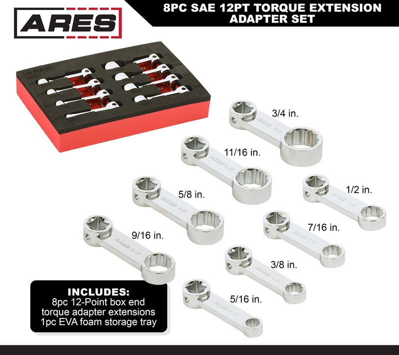 ARES ARES 43035 – 8-Piece SAE 12-Point Box End Torque Adapter Extension Set – 3/8-Inch Drive - 2-Inch Extensions for Torquing in Hard to Reach Places – Chrome Vanadium Steel Construction – EVA Foam Tray  - Image 2