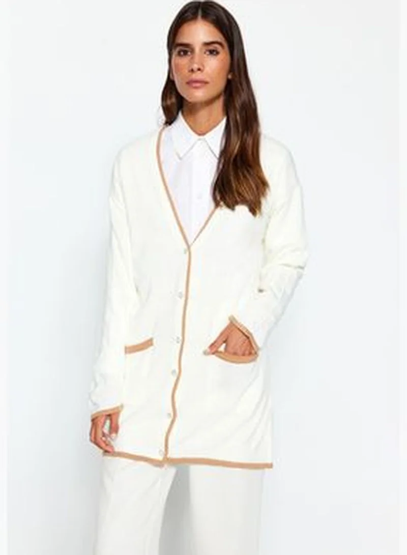 trendyol Ecru Color Block Pearl Button Knitwear Cardigan TCTAW24TH00066