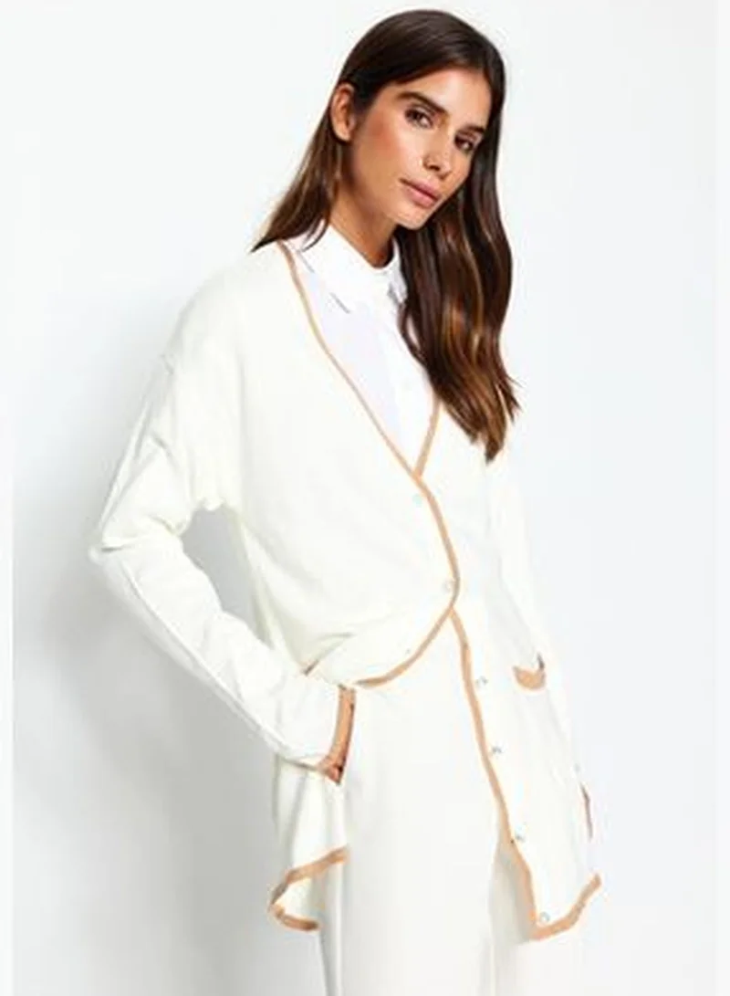 trendyol Ecru Color Block Pearl Button Knitwear Cardigan TCTAW24TH00066