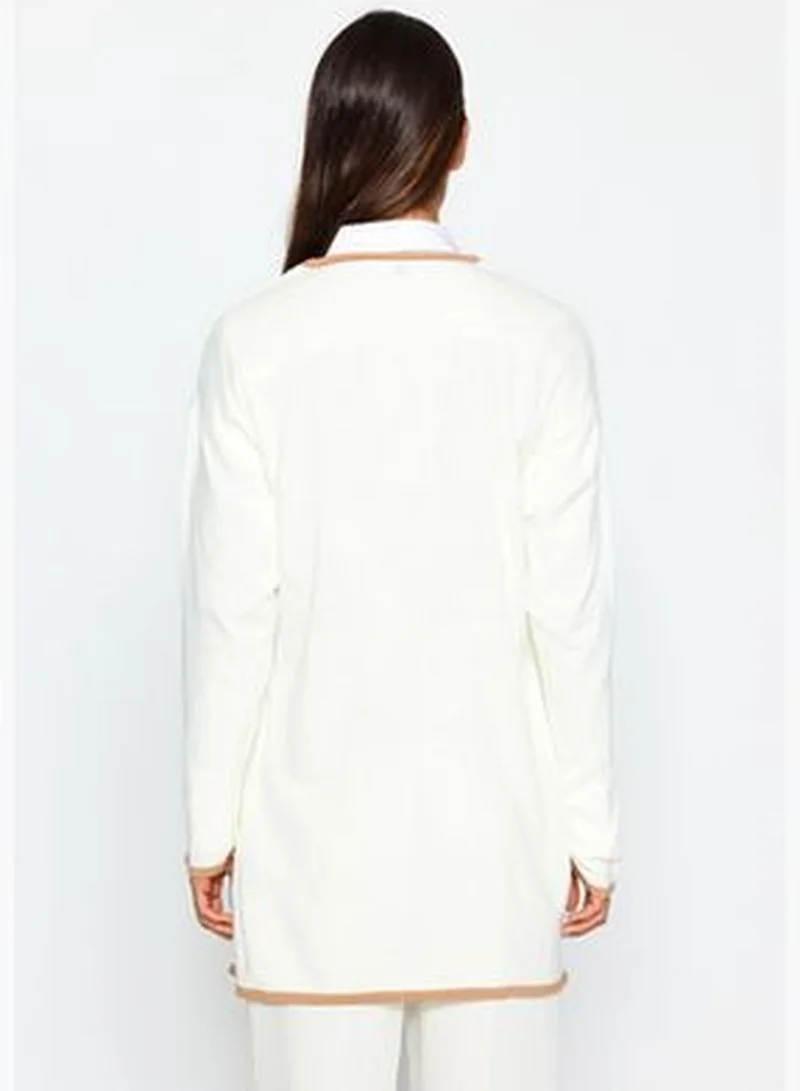 trendyol Ecru Color Block Pearl Button Knitwear Cardigan TCTAW24TH00066