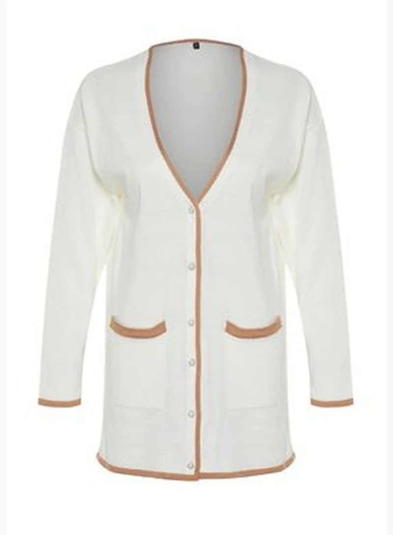 trendyol Ecru Color Block Pearl Button Knitwear Cardigan TCTAW24TH00066