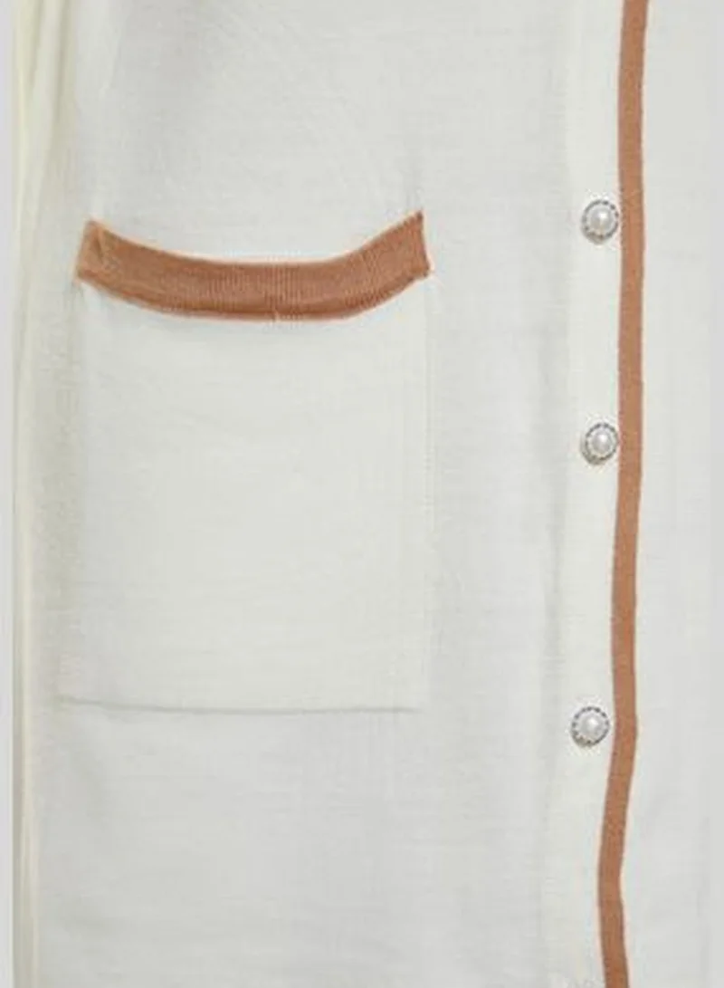 trendyol Ecru Color Block Pearl Button Knitwear Cardigan TCTAW24TH00066