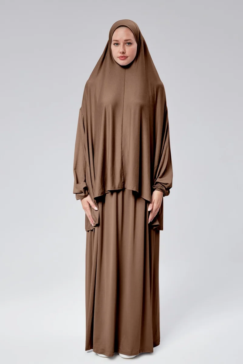 Sonbahar Moda Autumn Fashion Women Two Piece Prayer Dress Headscarf Organic Cotton Elastic Sleeve Non-Slip Combed Cotton Skirt Hijab