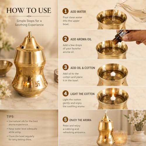 LandSlide Multipurpose Brass Kapoor dani with Night lamp, Aroma Diffuser, Bakhoor dani, Incense Burner, 7 inch -1 Piece (Gold)(Round) - Image 3