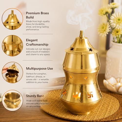 LandSlide Multipurpose Brass Kapoor dani with Night lamp, Aroma Diffuser, Bakhoor dani, Incense Burner, 7 inch -1 Piece (Gold)(Round) - Image 5