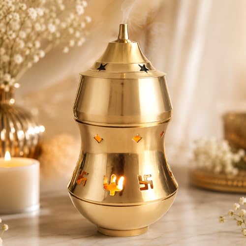 LandSlide Multipurpose Brass Kapoor dani with Night lamp, Aroma Diffuser, Bakhoor dani, Incense Burner, 7 inch -1 Piece (Gold)(Round) - Image 1