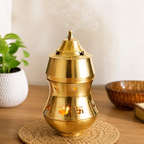 LandSlide Multipurpose Brass Kapoor dani with Night lamp, Aroma Diffuser, Bakhoor dani, Incense Burner, 7 inch -1 Piece (Gold)(Round) - Image 2