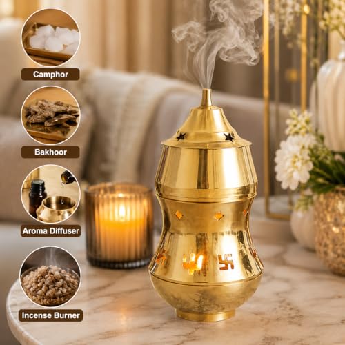 LandSlide Multipurpose Brass Kapoor dani with Night lamp, Aroma Diffuser, Bakhoor dani, Incense Burner, 7 inch -1 Piece (Gold)(Round) - Image 4
