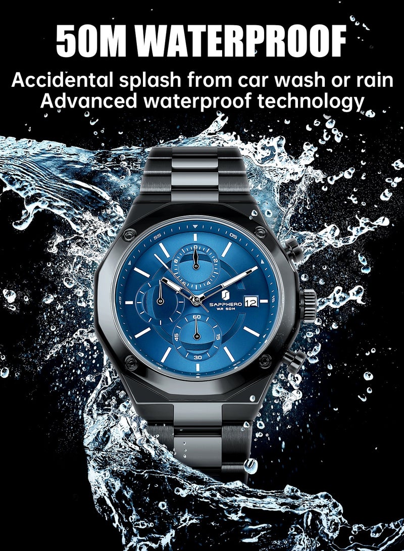 Sapphero ساعات يد رجالية سابفيرو فولاذ مقاوم للصدأ كوارتز مقاومة للماء  متر بحركة عقارب وتاريخ هدية أنيقة للرجال - Image 4