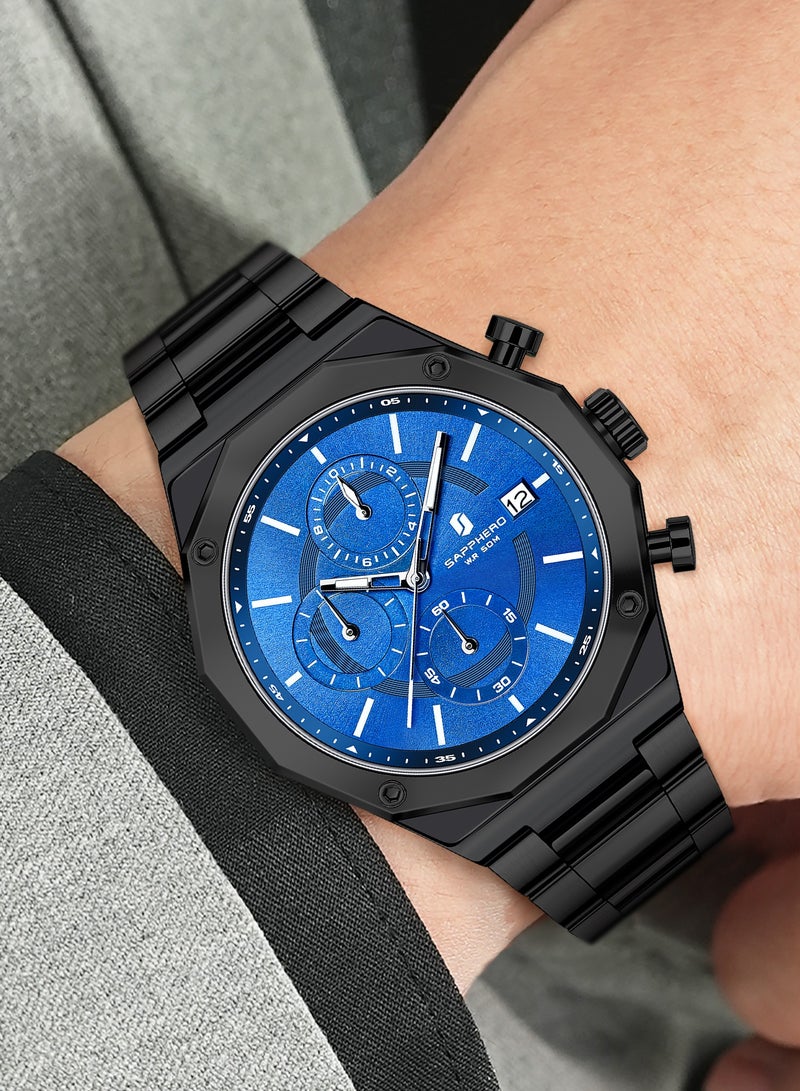 Sapphero ساعات يد رجالية سابفيرو فولاذ مقاوم للصدأ كوارتز مقاومة للماء  متر بحركة عقارب وتاريخ هدية أنيقة للرجال - Image 3