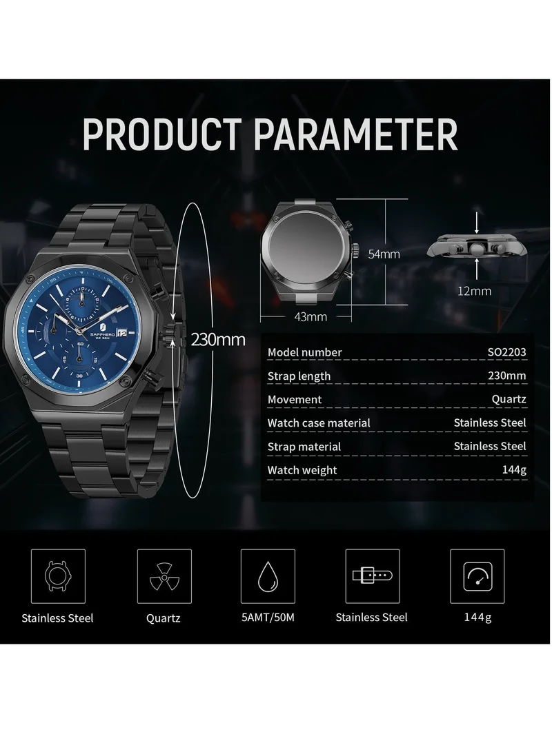 Sapphero 144 g SAPPHERO Men's Wrist Watches Octagonal Stainless Steel Quartz Watch for Men 50M Waterproof Analog Movement with Date Elegant Mens Gift SO2203 for Men | Best Price UAE