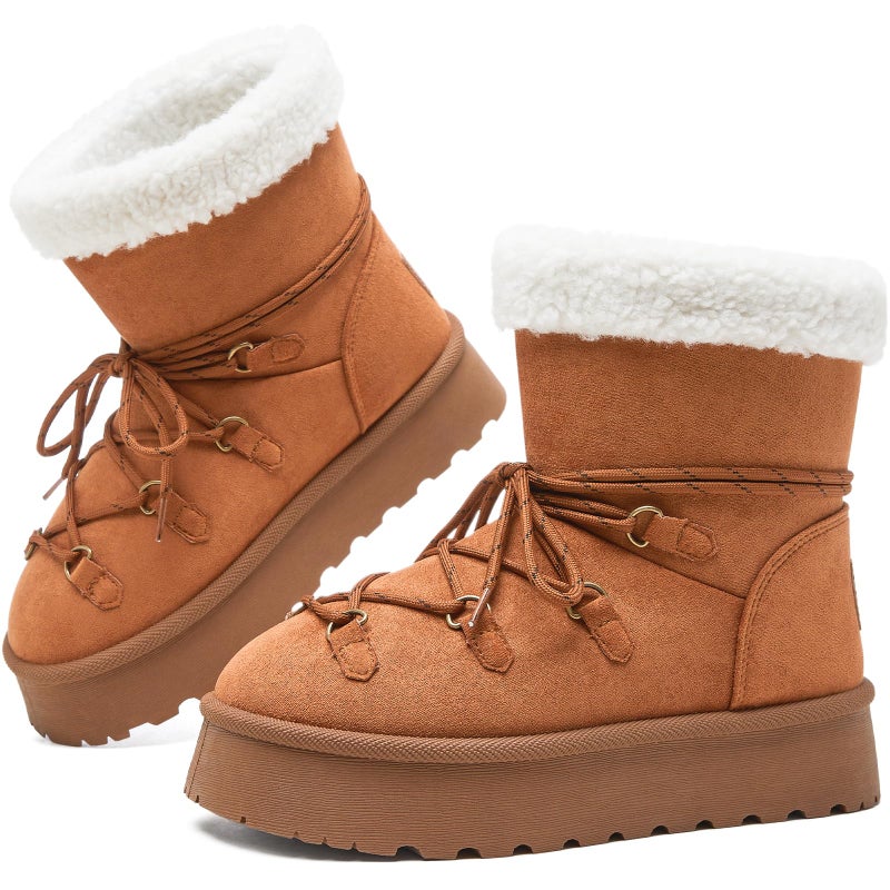 TUOPIN Women's Classic Platform Mini Snow Boots - Faux Suede Slip-On & Lace-Up Winter Booties with Sherpa Lining, Anti-Slip Thick Sole Ankle Boots - Chestnut.US8 - Image 1