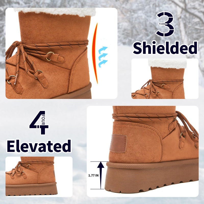 TUOPIN Women's Classic Platform Mini Snow Boots - Faux Suede Slip-On & Lace-Up Winter Booties with Sherpa Lining, Anti-Slip Thick Sole Ankle Boots - Chestnut.US8 - Image 4