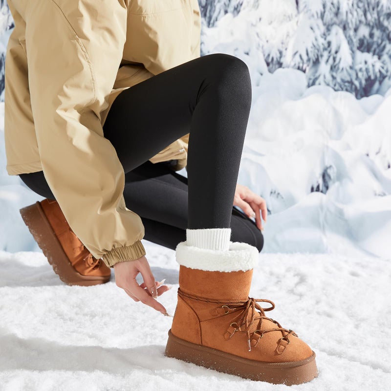 TUOPIN Women's Classic Platform Mini Snow Boots - Faux Suede Slip-On & Lace-Up Winter Booties with Sherpa Lining, Anti-Slip Thick Sole Ankle Boots - Chestnut.US8 - Image 2
